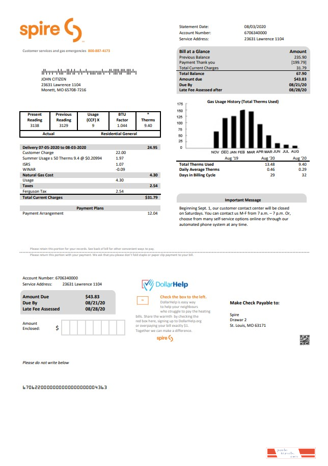 USA Spire gas utility bill template in Word and PDF format